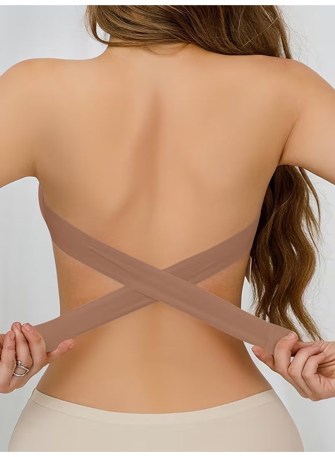 Zeemey Brown Wireless Bandeau Bralette with Side Closure, Sexy Strapless Nylon Knit Fabric - Removable Padding, Cross Strap Detail, Solid Color Stretch - Image 2